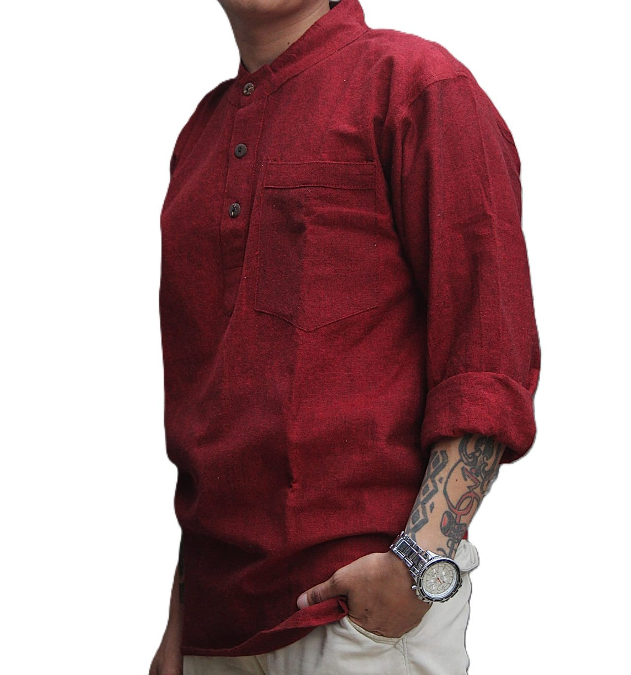 Red Solid Buttoned Cotton Kurta Shirt
